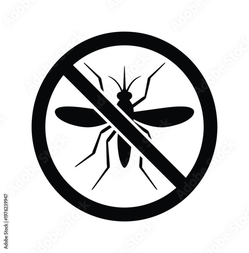 Anti mosquito warning sign vector, black insect silhouette in prohibition circle, pest control and repellent symbol for health safety