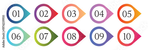 Set of Colorful Infographic Bullet Point Icons from 01 to 10