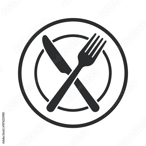 Minimalist restaurant icon with crossed knife and fork on a plate, black and white dining symbol, flat vector illustration for cafe signage