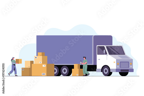 Two workers loading cardboard boxes into a large delivery truck