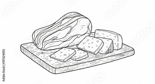 Line drawing of a block of cheese and sliced cheese on a wooden board