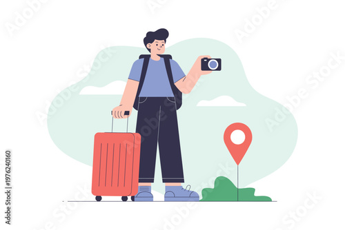 A young traveler with a suitcase taking a photo outdoors