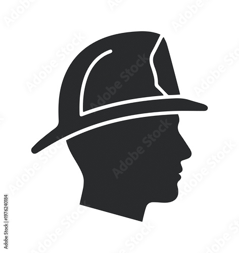 Firefighter profile silhouette wearing traditional helmet, black fireman head icon vector, emergency responder side view graphic for safety signs