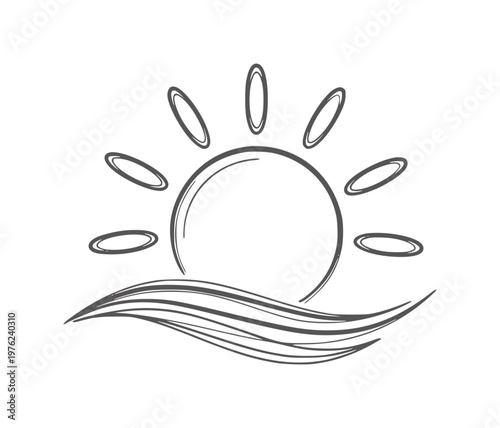 Stylized sun rising over wavy water sketched in grey sunrise waves