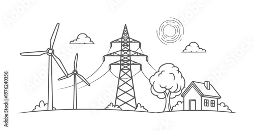Wind turbines and power lines connect to a house under a sunny sky electricity