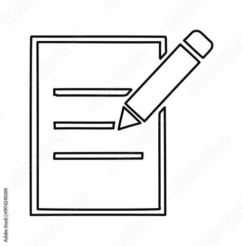 Minimalist document icon with pencil, black outline paper and writing utensil vector, simple linear contract or note taking symbol