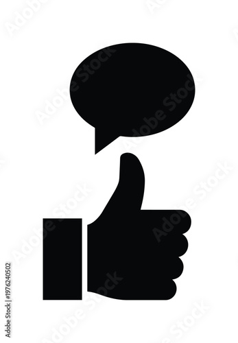 Thumbs up icon with speech bubble, black silhouette hand gesture for social media feedback, positive review and communication vector symbol
