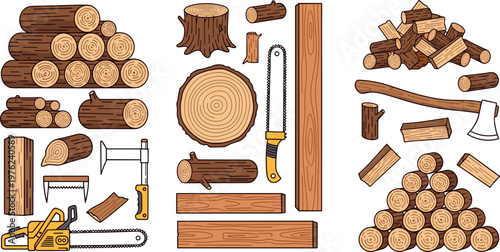 Cartoon Wood Logs, Saws, Axes, Chainsaws, and Timber for Woodworking and Lumberjack Illustration Design