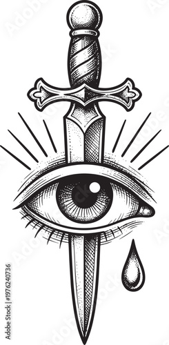 Tattoo design of eye pierced by sword with tear drop