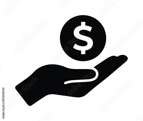 Minimalist dollar coin in hand icon vector, black silhouette of hand holding money, financial investment and wealth concept symbol