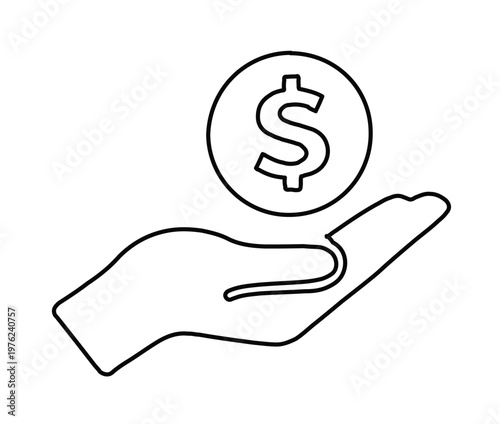 Minimalist dollar coin in hand line icon, financial investment and donation vector symbol, simple black outline money savings concept