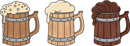 Cartoon Wooden Beer Mugs with Foam, Frothy and Smooth Beverages for Pub or Festival Illustration Design