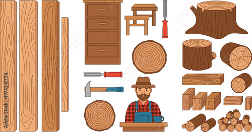 Cartoon Woodworking Tools Set with Saw, Hammer, Chisel, Logs, and Wood Furniture with Carpenter Character Illustration Design