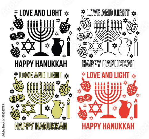 Hanukkah holiday vector icons set, Jewish festival of lights elements with menorah and dreidel, Happy Hanukkah greeting cards in four color styles