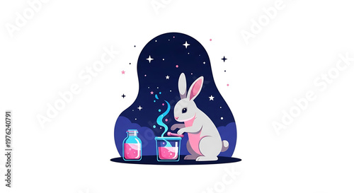 A whimsical cartoon rabbit mixes a magical potion in a jar under a starry night sky