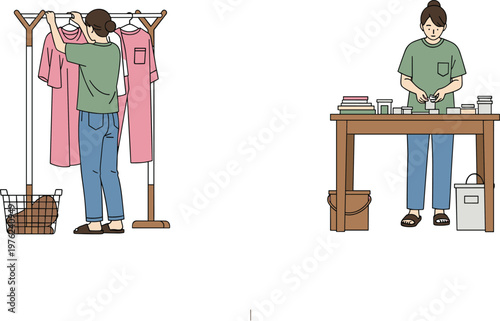 Minimal Lifestyle Scene Illustration Featuring Woman Organizing Clothes on Rack and Working at Desk in Simple Daily Routine Vector Design Collection