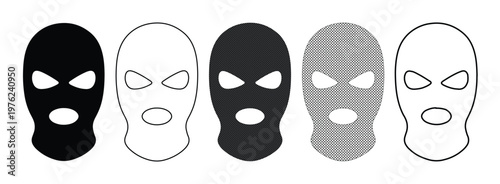 Balaclava mask vector icons set, black and grey ski mask illustrations, criminal and tactical headwear collection for security and winter sports