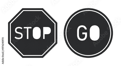 Minimalist stop and go traffic sign icons, black octagonal stop sign and circular go sign vector, flat road safety symbols for navigation
