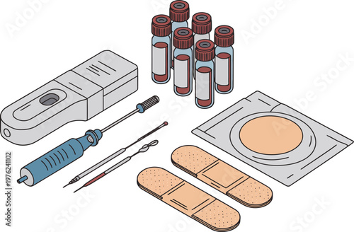 Medical Diagnostic Kit Components and Supplies for Blood Testing and Wound Care in Vector Illustration
