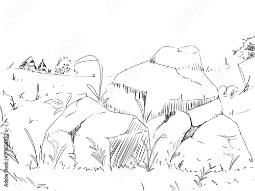 Hand Drawn sketch of a landscape with rocks and grass