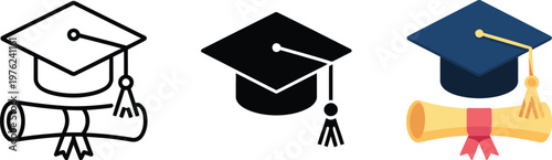 Graduation hat and diploma icon set, student mortarboard with academic degree certificate vector illustration for college school university ceremony and education concept.