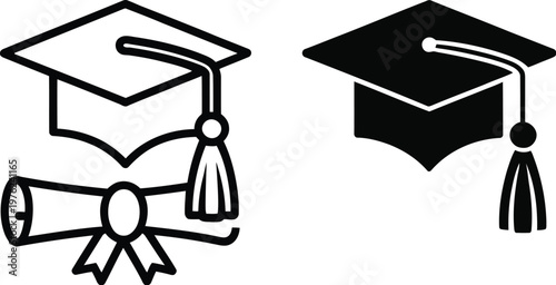 Graduation hat and diploma icon set, student mortarboard with academic degree certificate vector illustration for college school university ceremony and education concept.