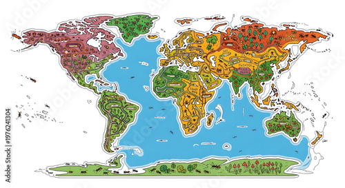 A colorful vector illustration of the world map with vibrant countries and oceans