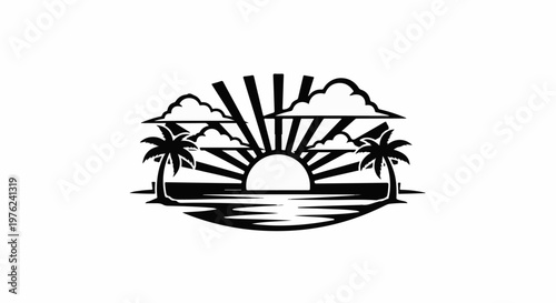 Stylized tropical sunset with palm trees and ocean waves