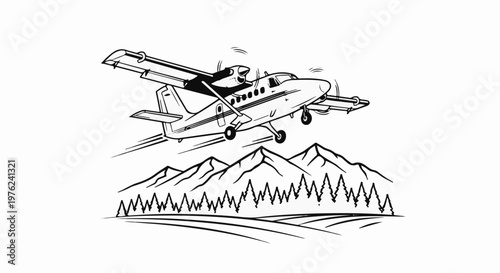 Stylized twin-engine plane soars over mountains and trees