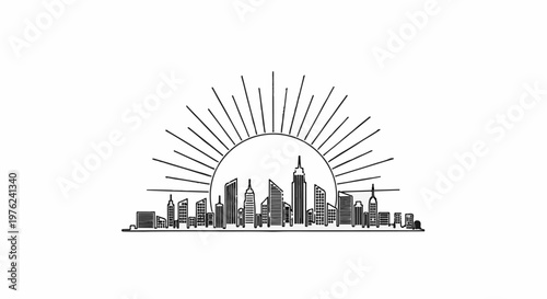 Stylized urban skyline with sunburst lines radiating from a semicircle