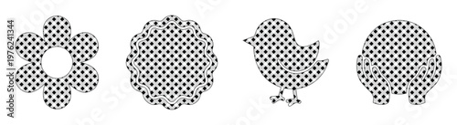 Gingham pattern spring icons set, checkered fabric flower and bird silhouettes, black and white buffalo plaid nature elements for scrapbooking