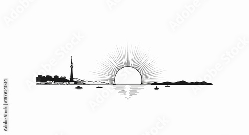Stylized sunrise over water with distant city skyline and mountains