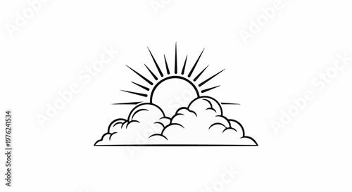 Stylized sunrise peeking over a cloud horizon with radiating light beams