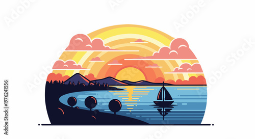 Stylized sunset over a calm bay with a lone sailboat and mountains