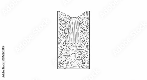 Stylized waterfall cascading into a stream surrounded by foliage