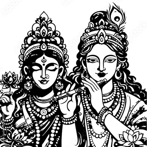 Krishna & Radha – Divine Harmony in Black and White. A black‑and‑white illustration of two adorned divine figures: one playing a flute with a peacock feather, the other holding a lotus with closed ey
