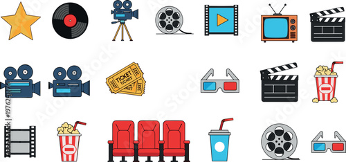 Cinema and Movie Entertainment Icons Set Featuring Film Reel, Camera, Popcorn, Tickets, and Theater Elements for Multimedia Design