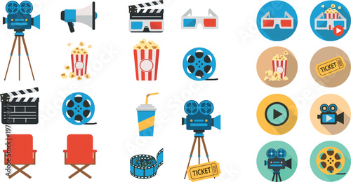 Cinema Entertainment Icons Set Featuring Film Camera Popcorn Tickets Play Button and Movie Production Elements for Multimedia Design Projects
