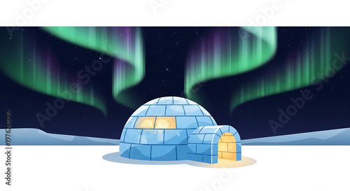 A colorful illustration of an igloo under the aurora borealis in a snowy landscape