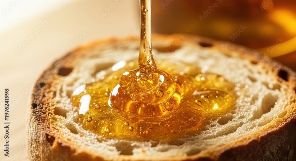 Fototapeta premium Honey Drizzling on Toast Delicious Breakfast, Healthy Food, Close-up