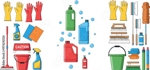 Cleaning Supplies Collection Vector Set with Household Tools Detergent Bottles Gloves Brushes and Equipment for Hygiene Maintenance Isolated on White