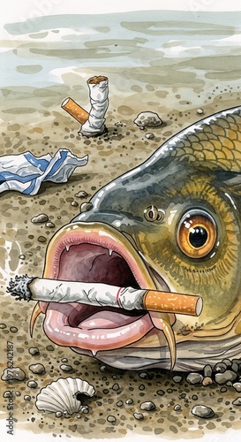 Fish with cigarette butt in mouth on polluted riverbed sand  
