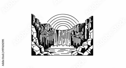 Stylized waterfall plunging into water, framed by cliffs and a rainbow