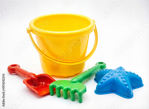 plastic sandbox toys on white