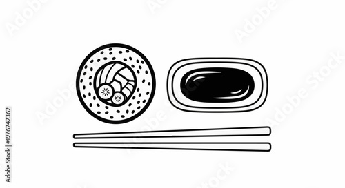 Stylized sushi roll with soy sauce dish and chopsticks