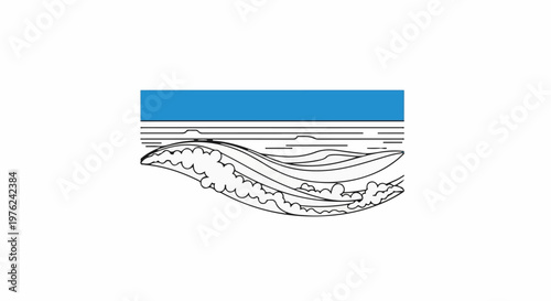 Stylized waves under a blue band and horizontal lines, suggesting water