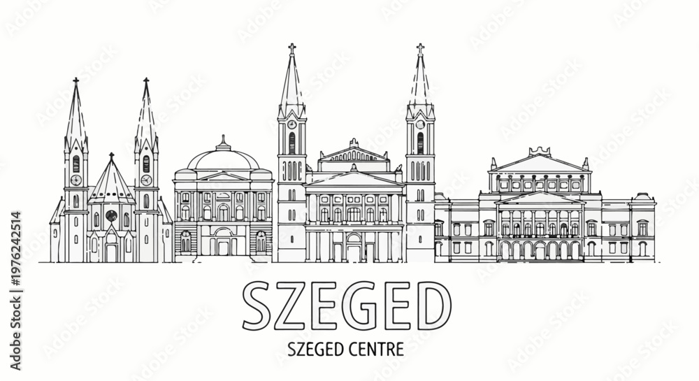 Fototapeta premium Stylized line drawing of a city skyline featuring churches and grand buildings