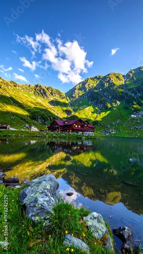 Mountain lake chalet at dawn