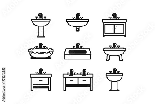Collection of pixel art bathroom sinks and vanities in various styles