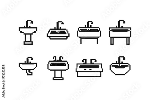 Collection of pixel art sinks and faucets in various styles